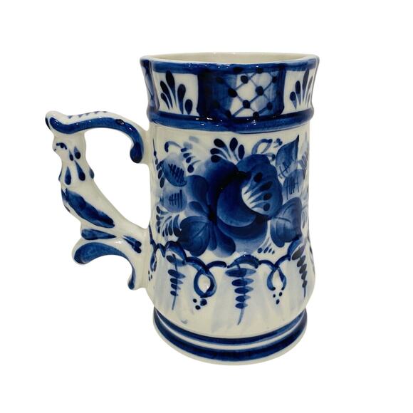 Vintage Russian Porcelain Mug Cobalt Blue & White Floral Unique Bird Handle - Picture 3 of 8
